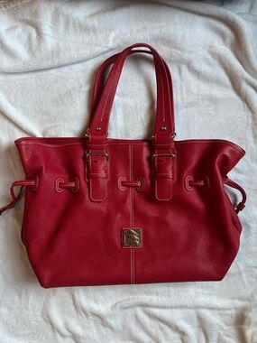 Red Leather Dooney and Bourke Tote Bag with Buckle Accents